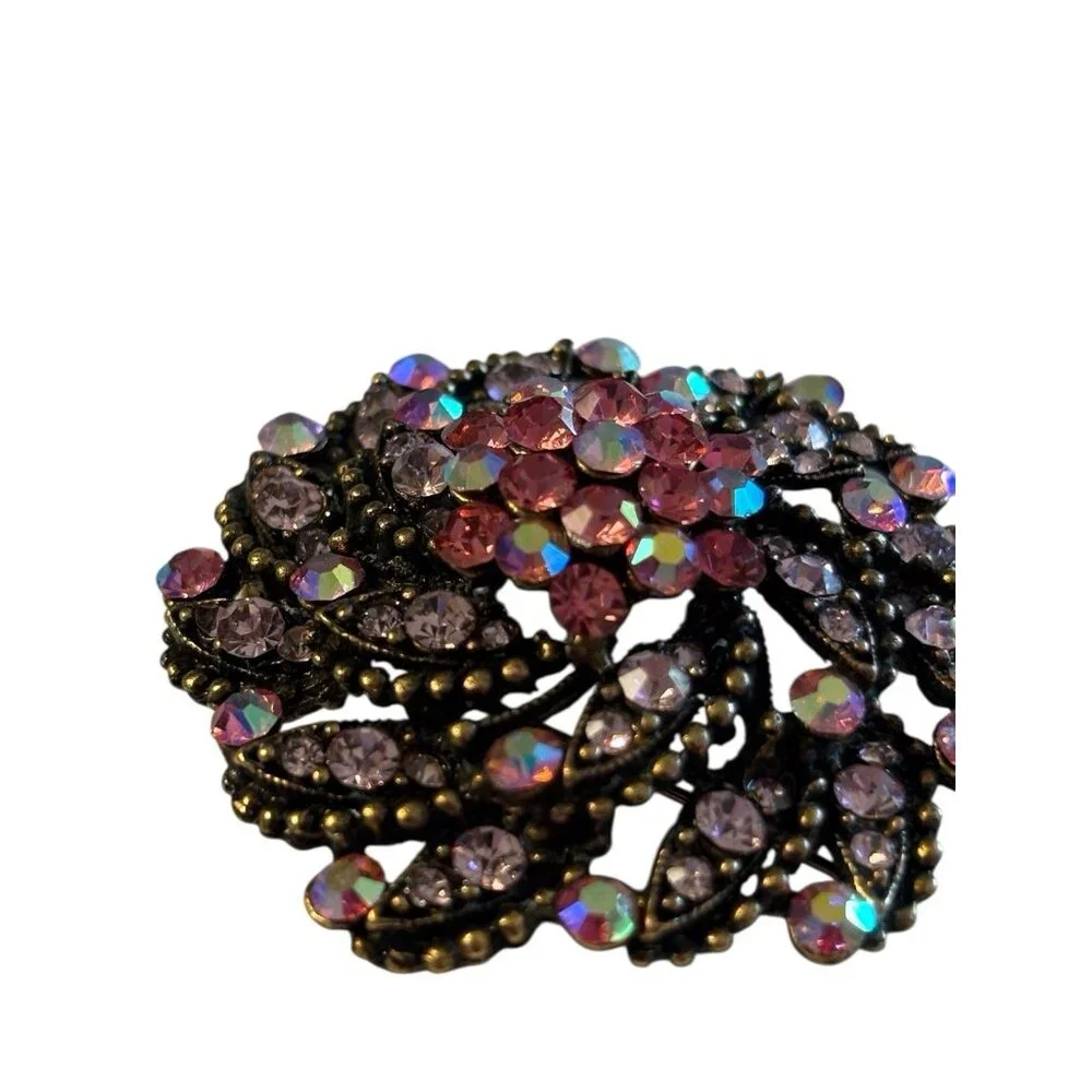VTG Layered Flower Brooch Pin Pendant‎ Cluster Pink AB Rhinestones Spiral Domed